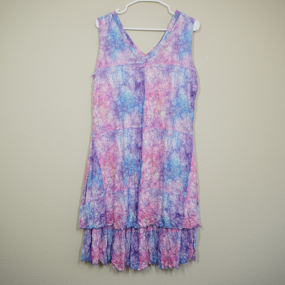 Carine Womens 1X Tie Dye Floral Crinkle Ruffle Hem V-Neck Sleeveless Dress Pink